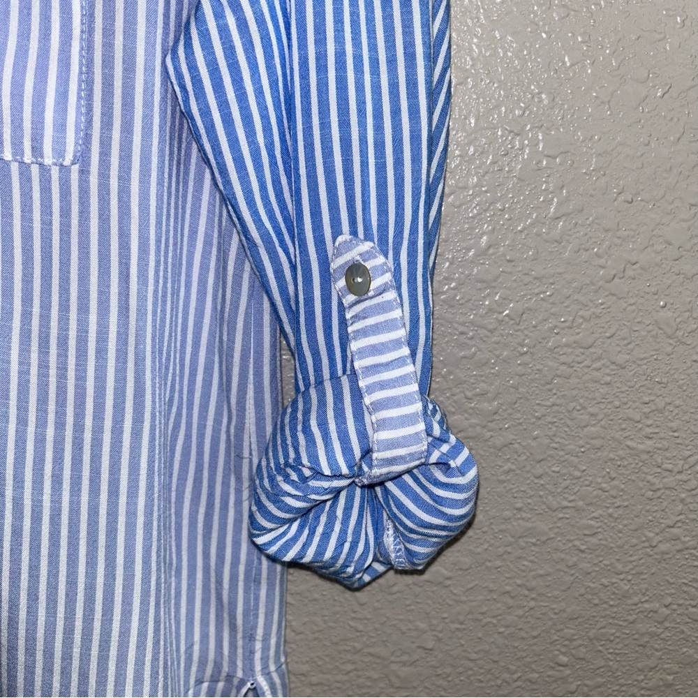 Jane + Delancey Blue Color Block Striped Long Sleeve Button Up Roll Cuff Shirt - Picture 4 of 7